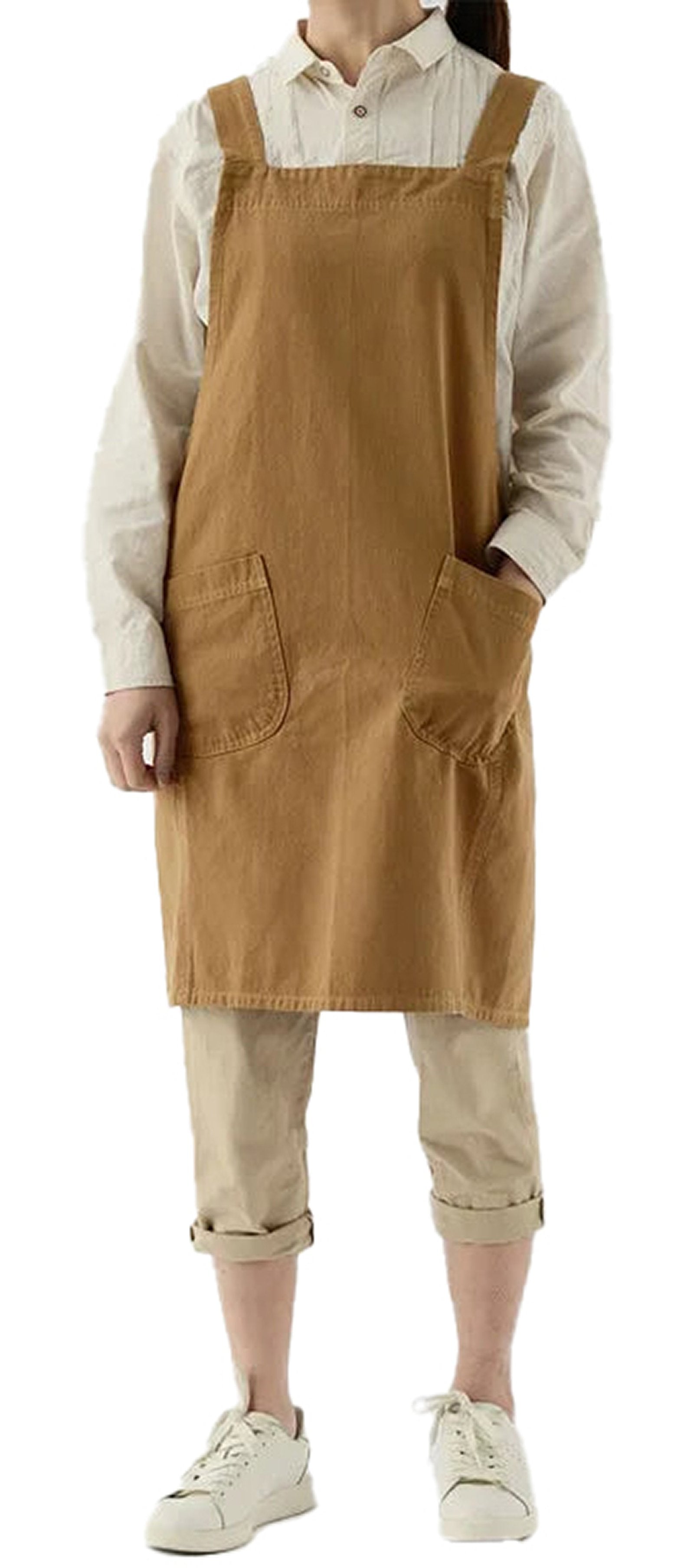Cotton linen cross back apron in brown with pockets for kitchen or crafting use