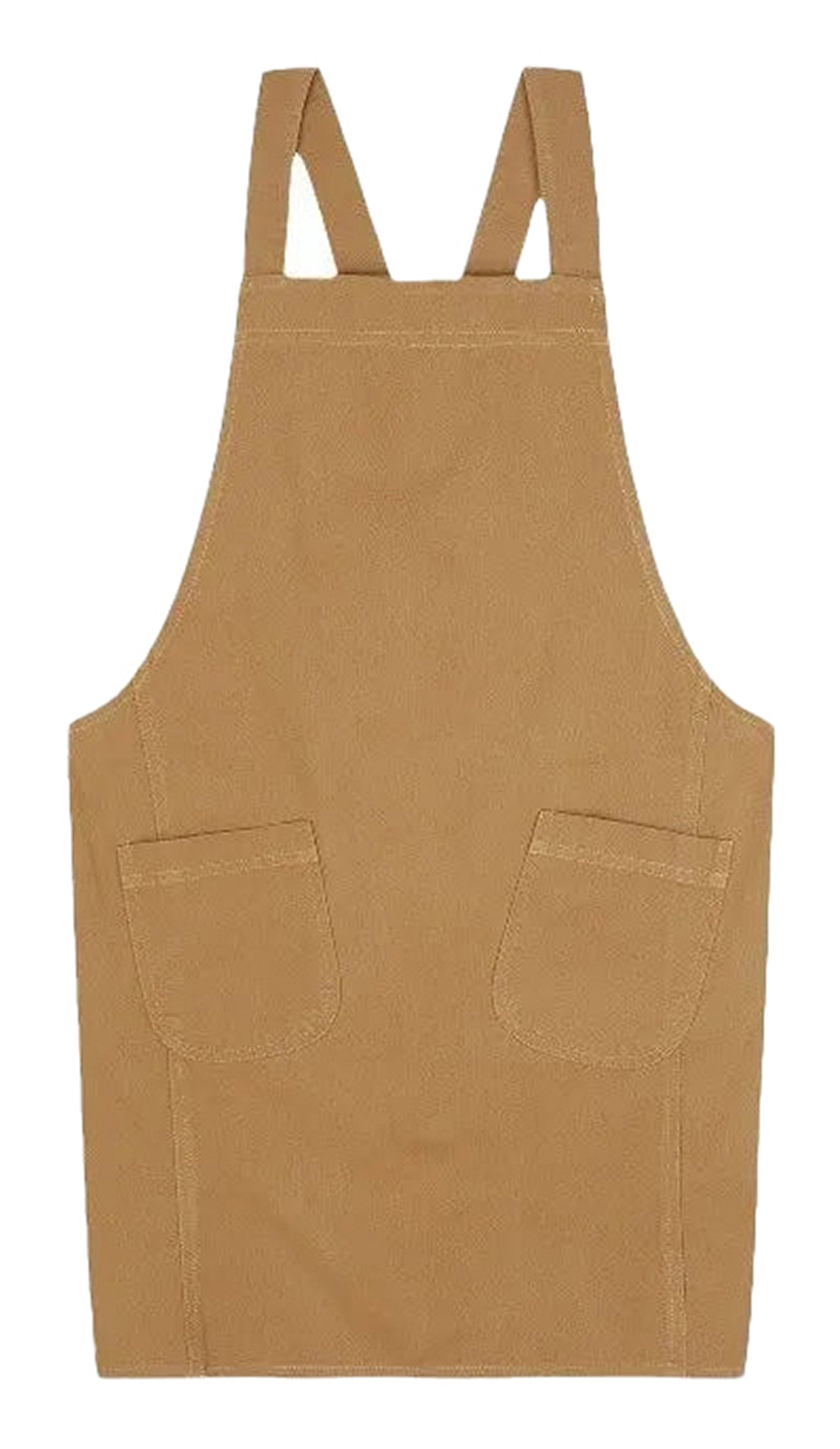 LuckeLadybug LLC cotton linen cross back apron in a stylish tan color with front pockets
