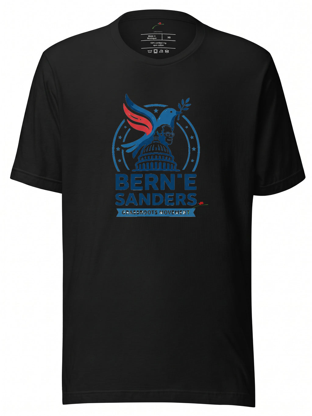LuckeLadybug LLC Black cotton t shirt featuring a graphic of Bernie Sanders with a dove and Capitol building