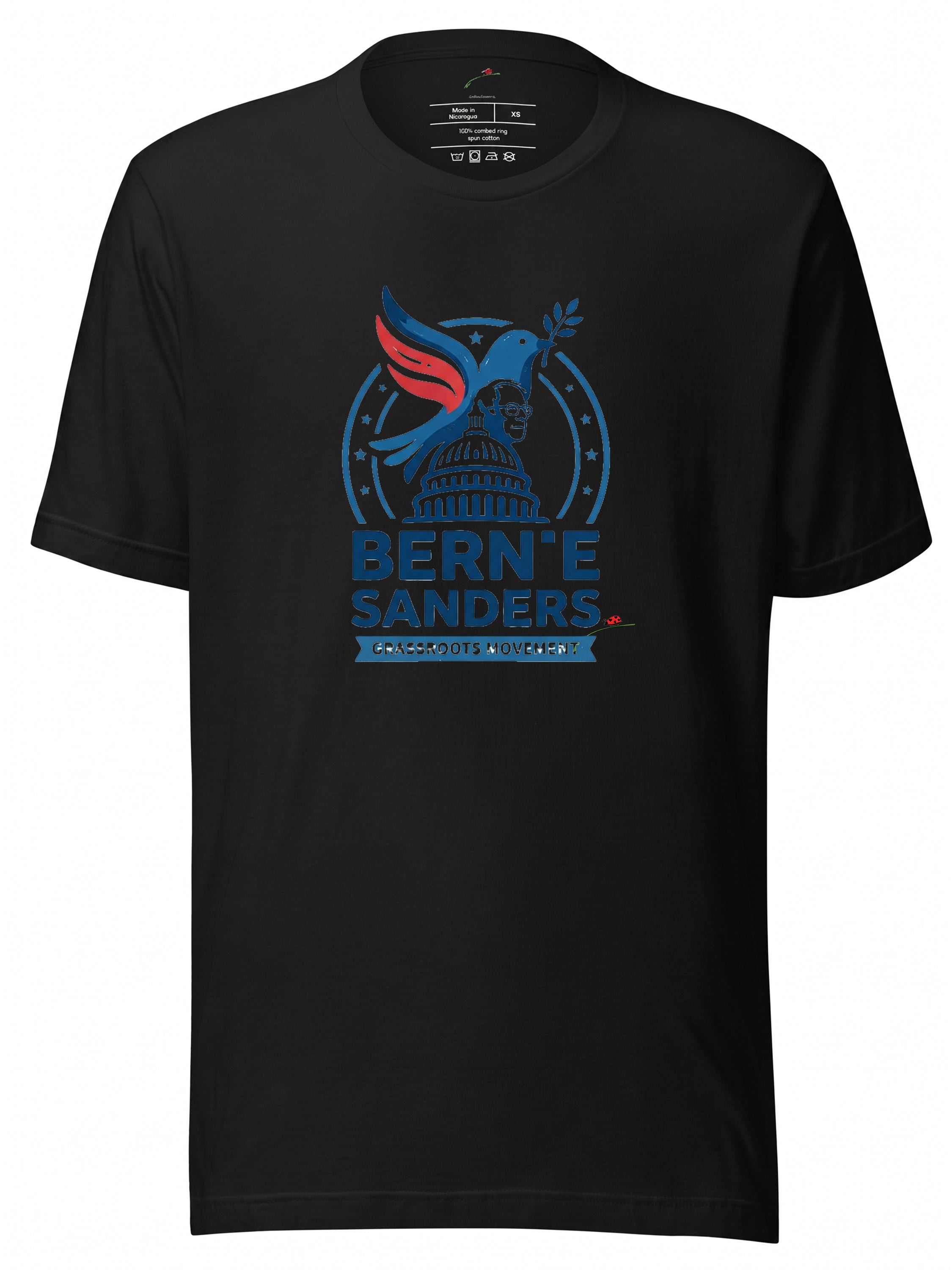 LuckeLadybug LLC Black cotton t shirt featuring a graphic of Bernie Sanders with a dove and Capitol building