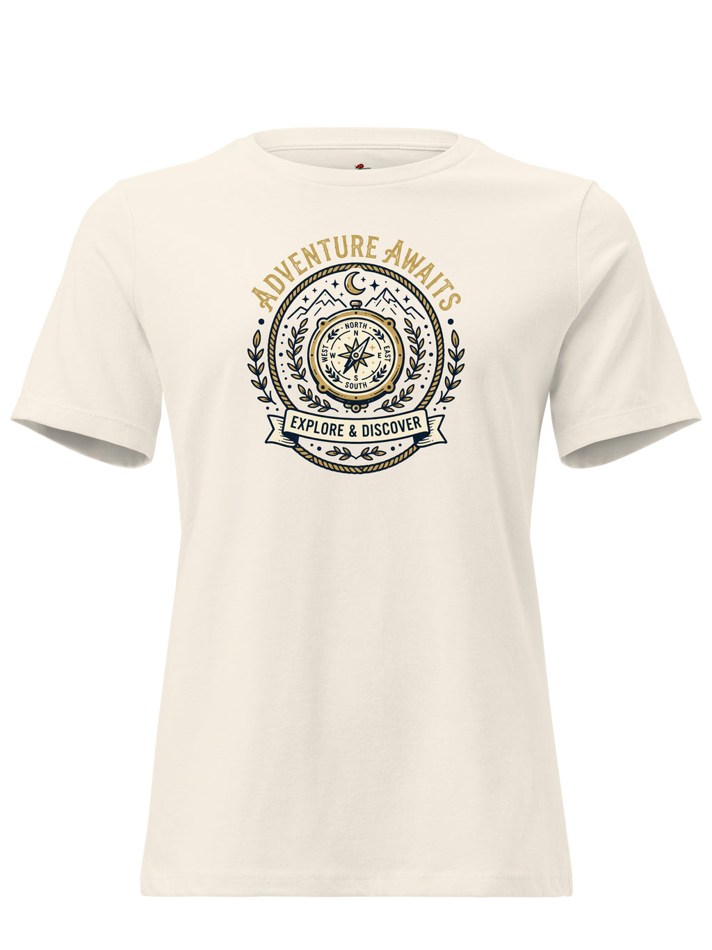 LuckeLadybug cotton t shirt featuring a compass and the phrase Adventure Awaits for exploration enthusiasts