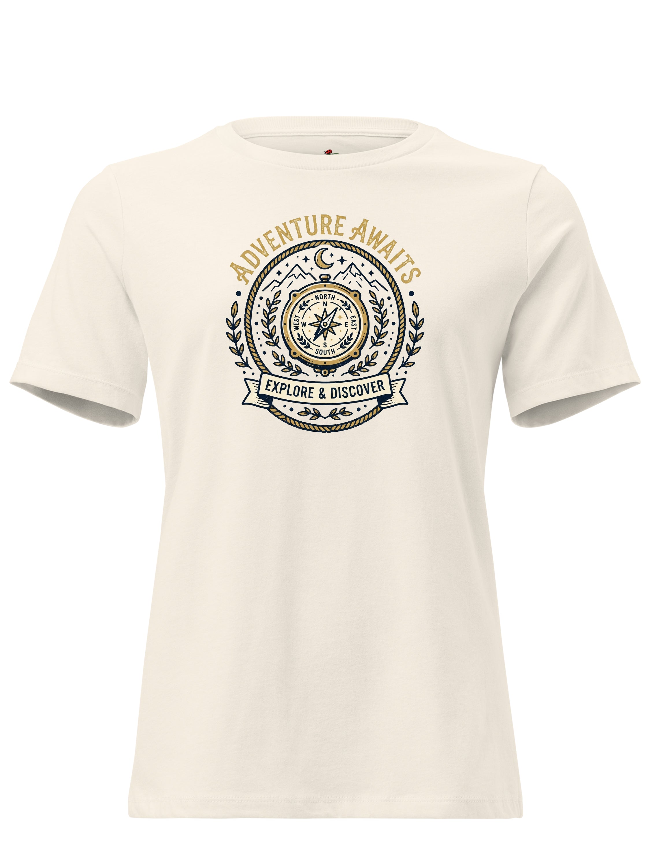 LuckeLadybug cotton t shirt featuring a compass and the phrase Adventure Awaits for exploration enthusiasts