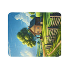 LuckeLadybug country farm sherpa blanket featuring a cozy log cabin and wooden fence scenery