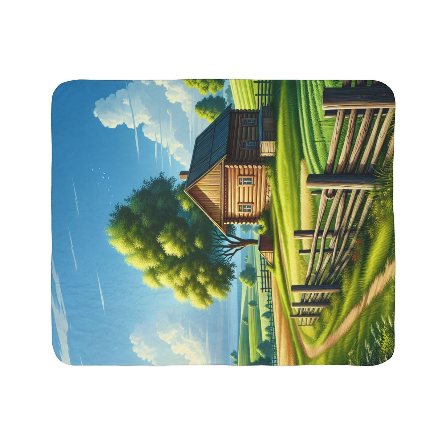 LuckeLadybug country farm sherpa blanket featuring a cozy log cabin and wooden fence scenery