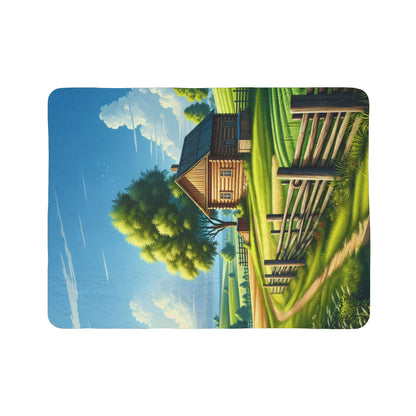 LuckeLadybug country farm sherpa blanket with a scenic farm house and green landscape design