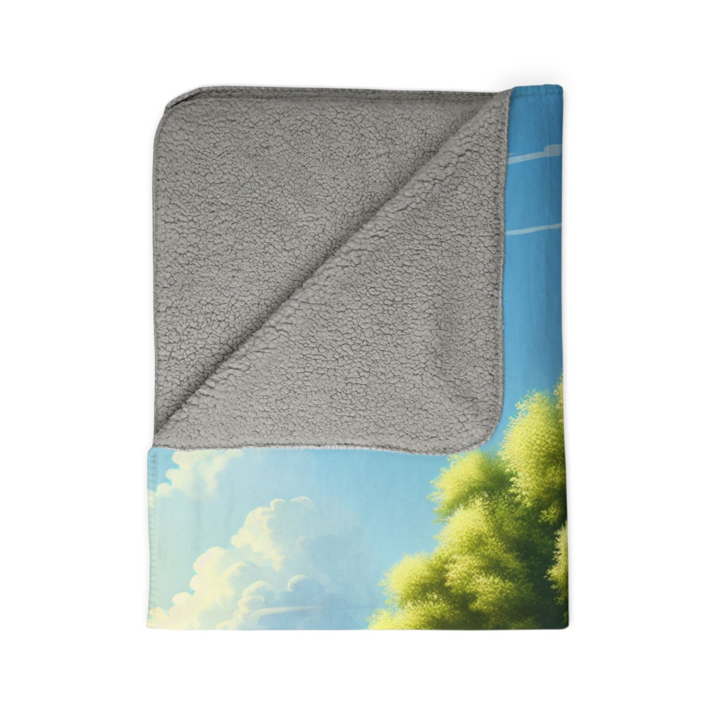 LuckeLadybug country farm sherpa blanket with soft gray sherpa lining and scenic farm design