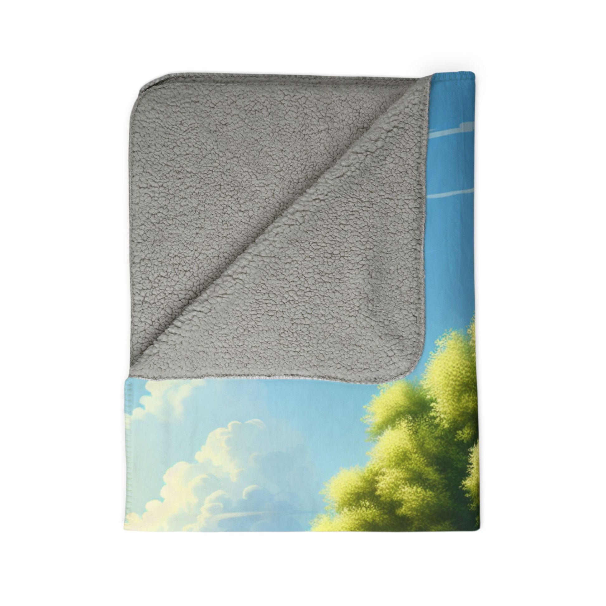 LuckeLadybug country farm sherpa blanket with soft gray sherpa lining and scenic farm design