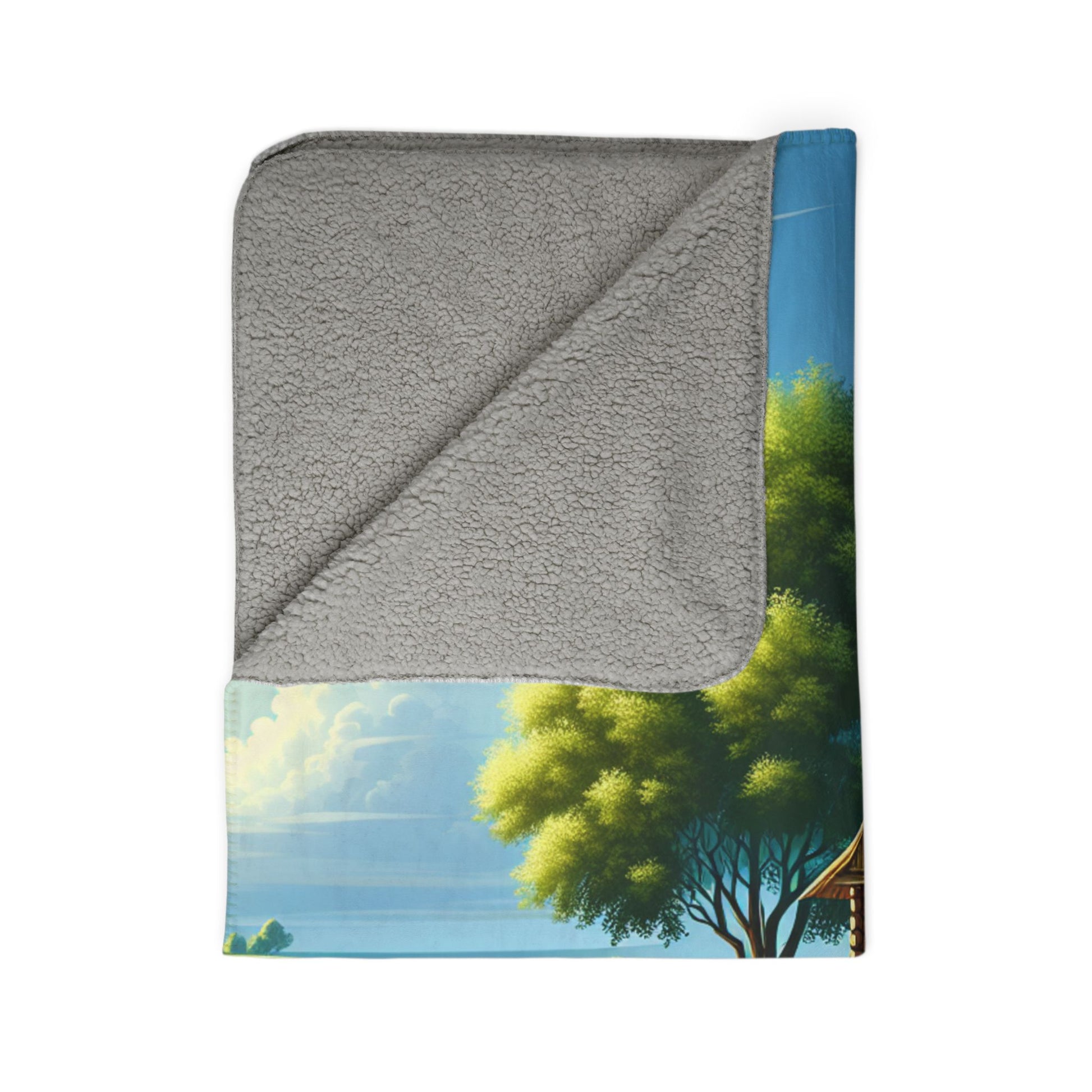 LuckeLadybug country farm sherpa blanket with gray soft fleece and scenic tree print
