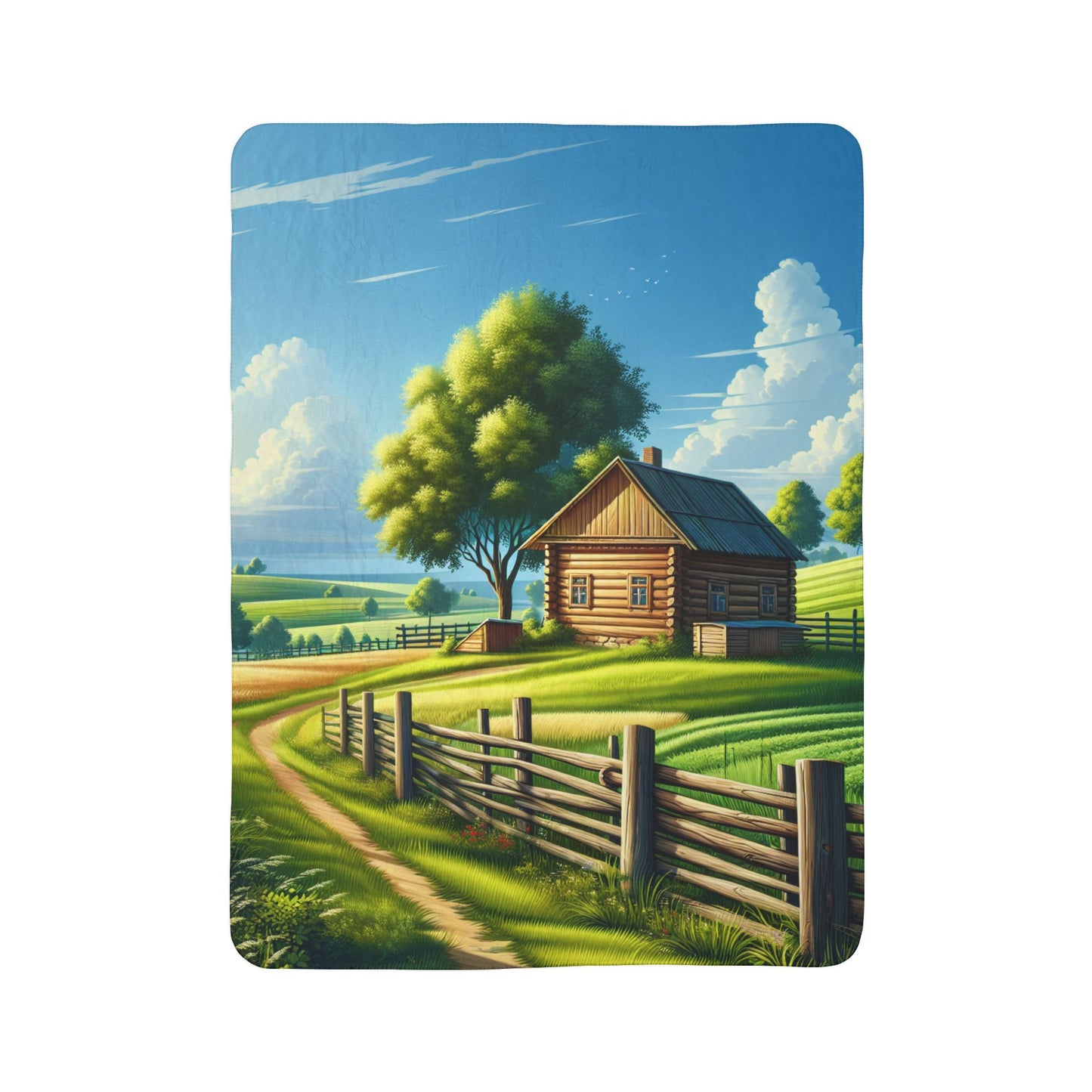 LuckeLadybug country farm sherpa blanket featuring a scenic log cabin and countryside landscape