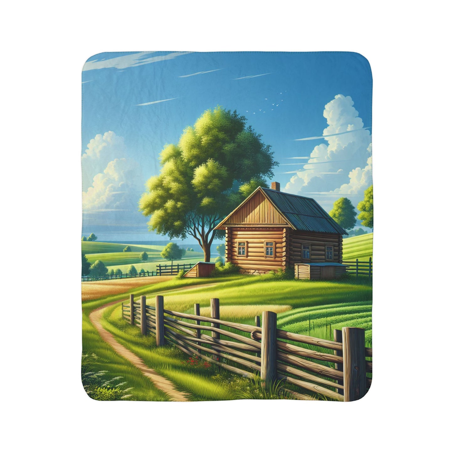 Country farm sherpa blanket with a scenic countryside farmhouse and tree under a blue sky