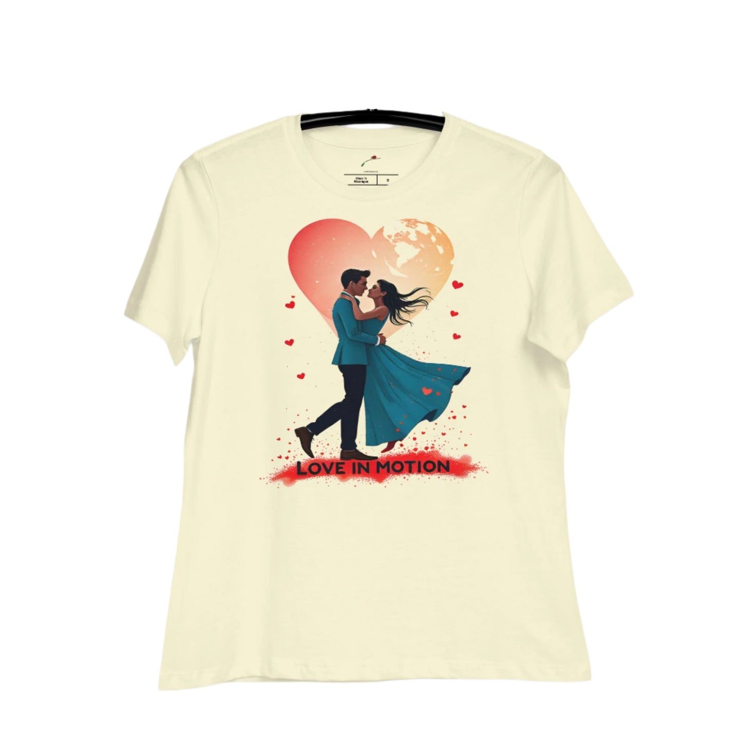 LuckeLadybug couple in love t-shirt featuring a romantic design with dancing couple and heart background