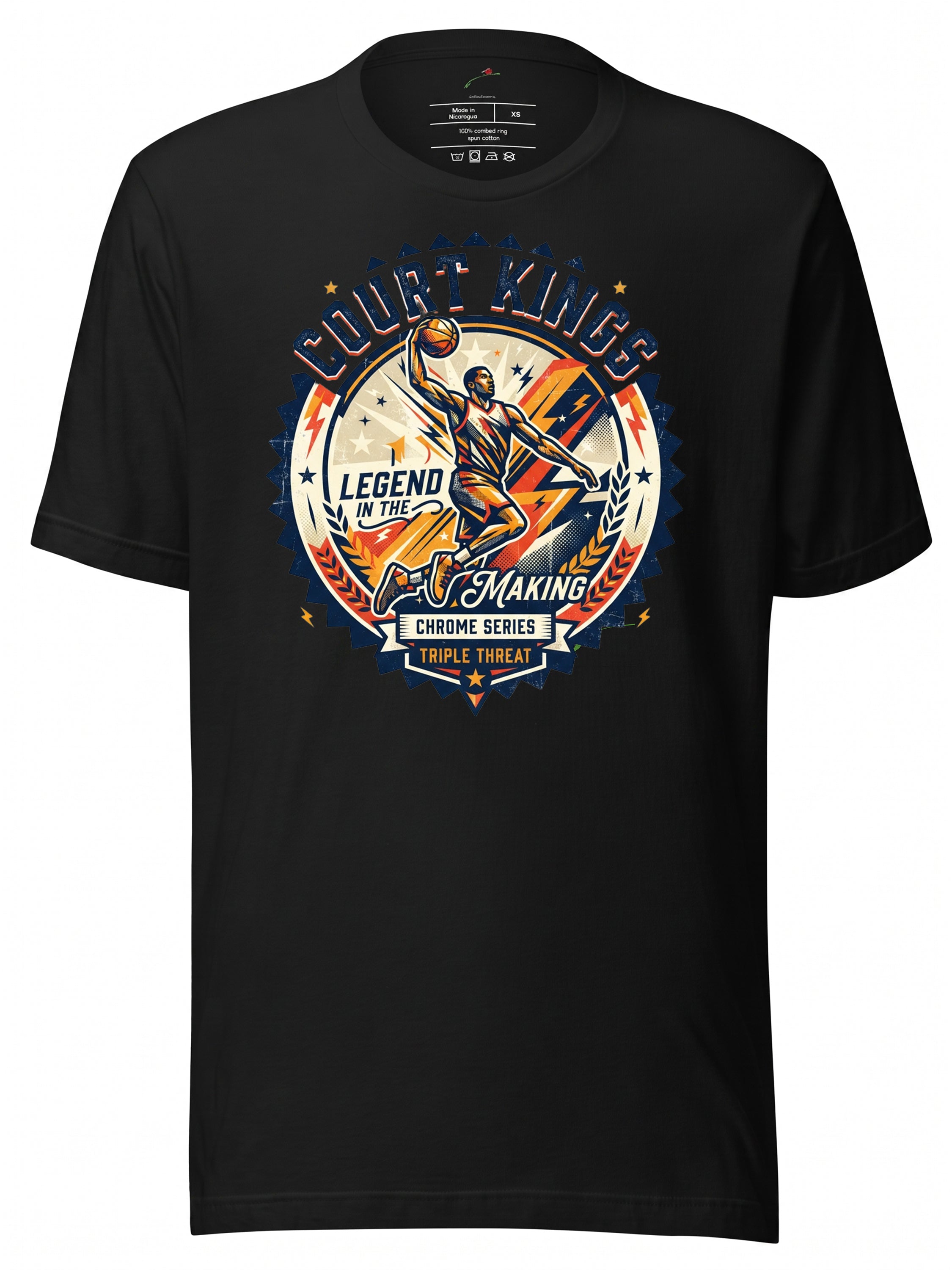 Court Kings graphic tee clothing featuring a colorful basketball legend design on a black T-shirt
