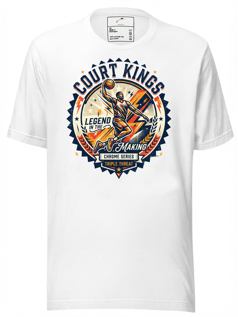 Court Kings graphic tee clothing featuring a vibrant legend in the making design on a white T-shirt