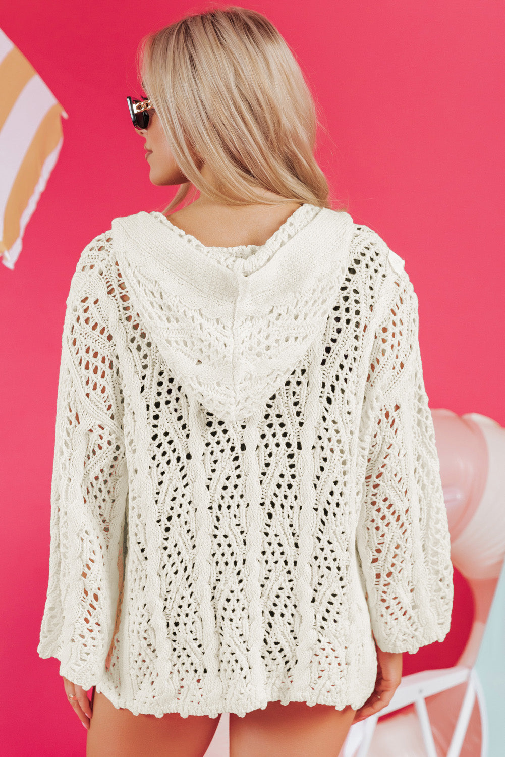 Cream crochet cover up for the beach with a hood, perfect for stylish summer outings