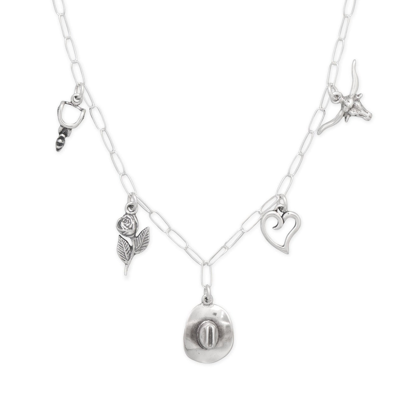 LuckeLadybug LLC cowgirl charm necklace featuring silver charms including a rose and a heart