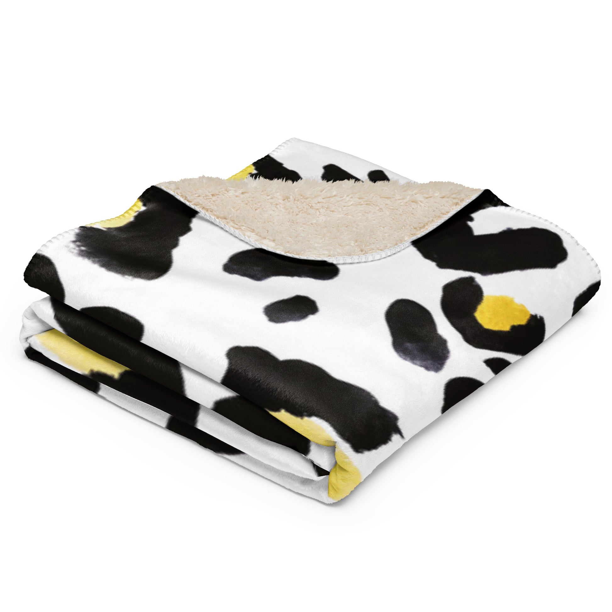 LuckeLadybug sherpa blanket with cozy animal print bedding design in black white and yellow