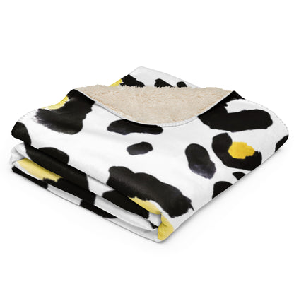 LuckeLadybug sherpa blanket with cozy animal print bedding design in black white and yellow