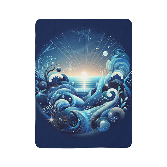 LuckeLadybug Sherpa Blanket with artistic blue ocean waves and sunrise design cozy decorative throw blanket
