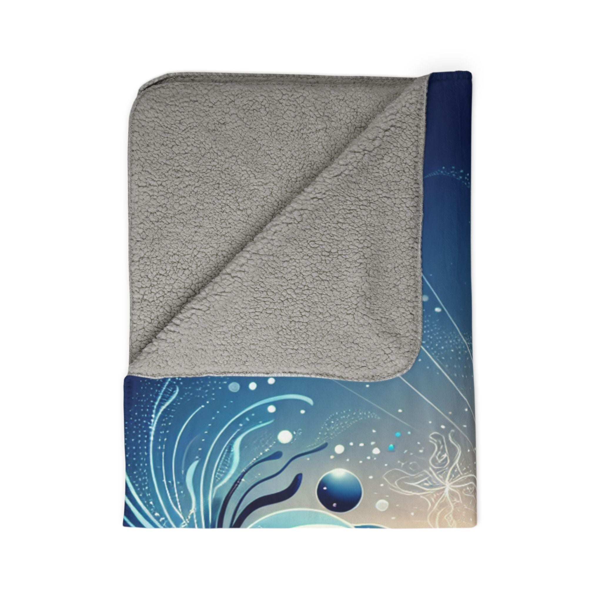 LuckeLadybug sherpa blanket with abstract blue design and soft gray lining cozy decorative throw blanket