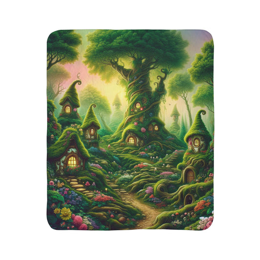 LuckeLadybug cozy forest throw blanket featuring whimsical tree houses and lush green foliage