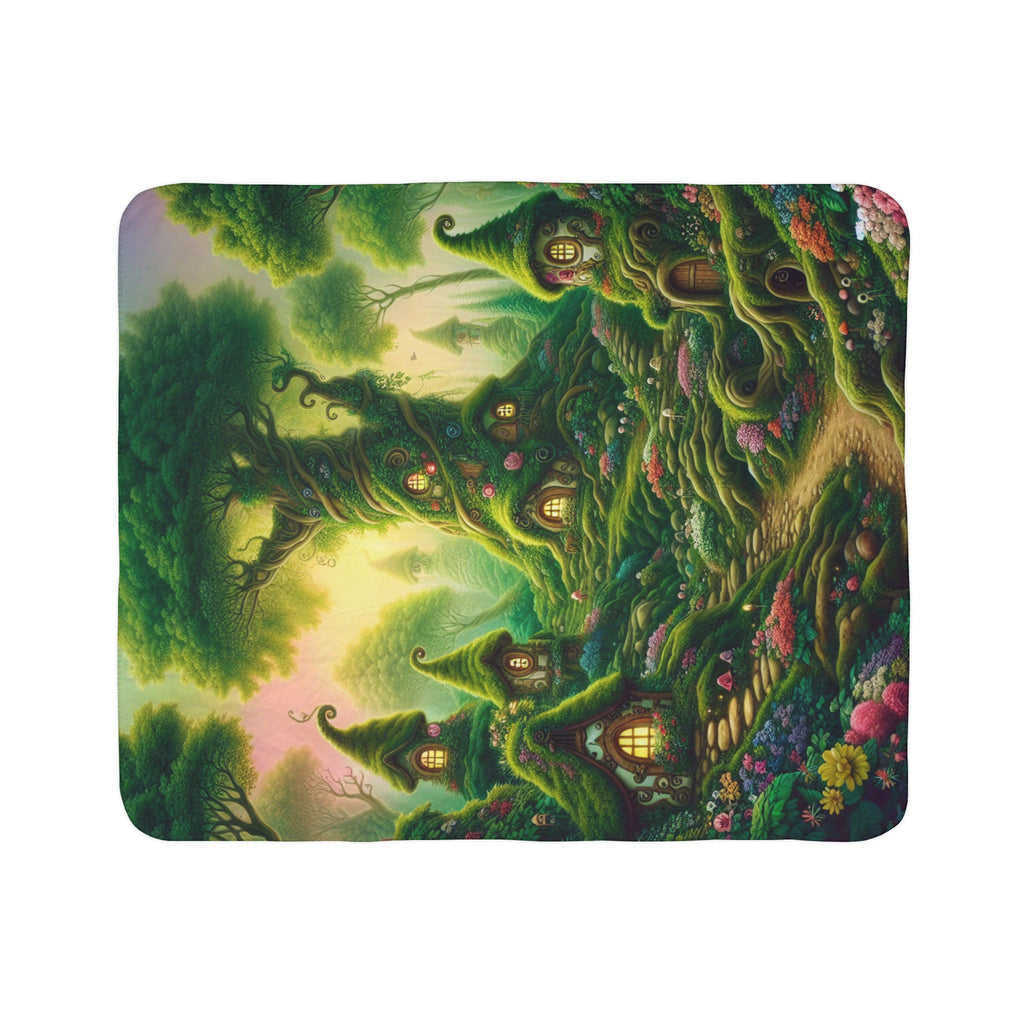 Cozy forest throw blanket by LuckeLadybug featuring a whimsical green treehouse village design