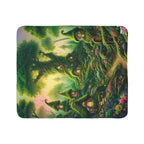 Cozy forest throw blanket by LuckeLadybug featuring a whimsical green treehouse village design