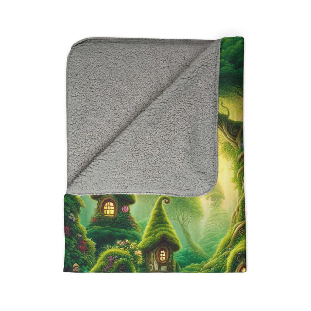 LuckeLadybug cozy forest throw blanket sherpa blanket with whimsical green forest and cottage design