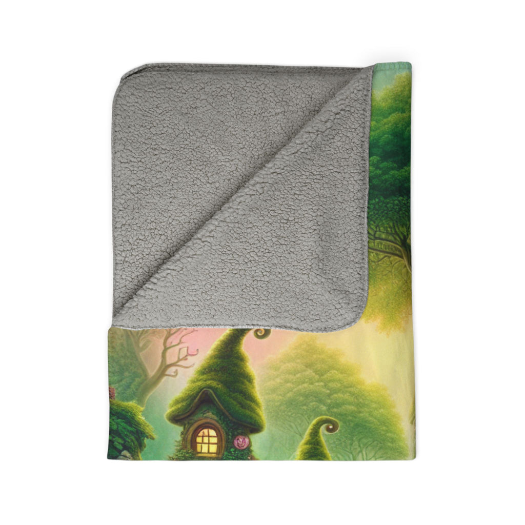 LuckeLadybug sherpa blanket with cozy forest throw blanket design featuring whimsical tree houses and soft gray lining