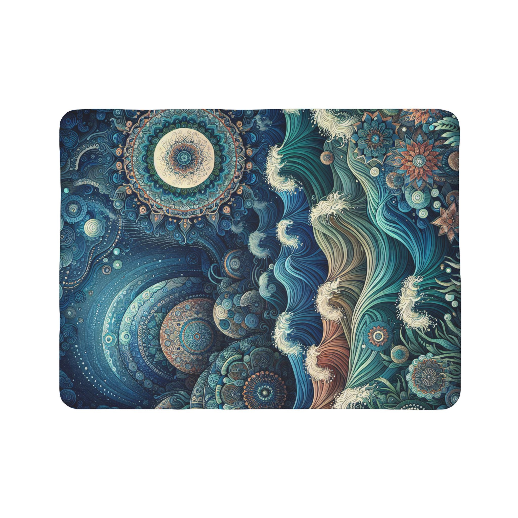 LuckeLadybug sherpa blanket with intricate blue and teal mandala design cozy modern home decor blanket
