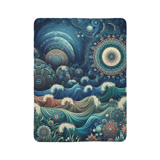 LuckeLadybug sherpa blanket with intricate ocean wave and mandala design cozy modern home decor blanket