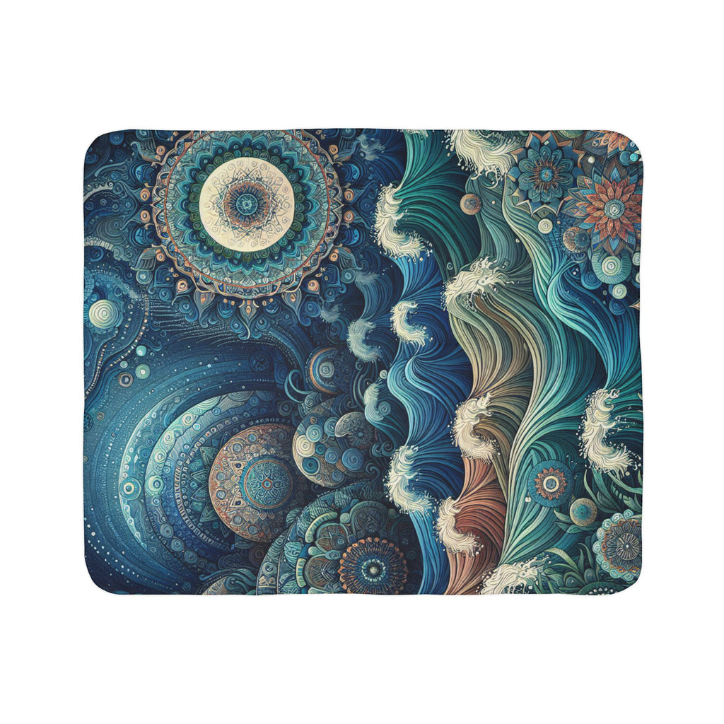 LuckeLadybug sherpa blanket with intricate blue and green mandala design cozy modern home decor blanket