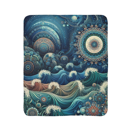 sherpa blanket with intricate ocean wave and mandala design cozy modern home decor blanket
