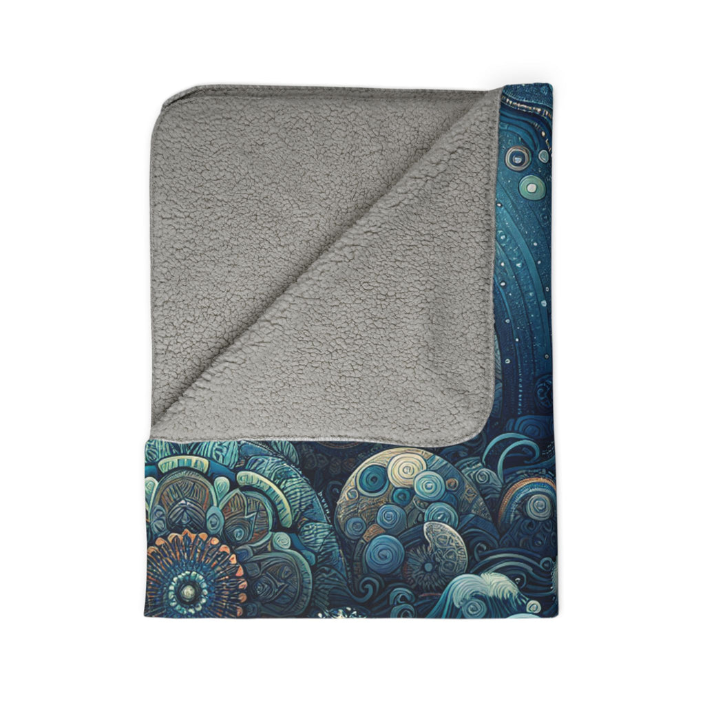 LuckeLadybug sherpa blanket with blue abstract design and soft gray lining cozy modern home decor blanket