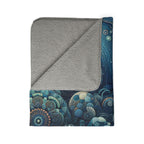 LuckeLadybug sherpa blanket with blue abstract design and soft gray lining cozy modern home decor blanket