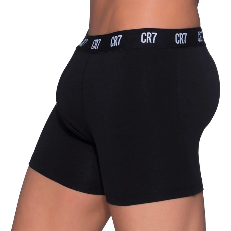 CR7 men's boxer briefs in black featuring a comfortable waistband and snug fit