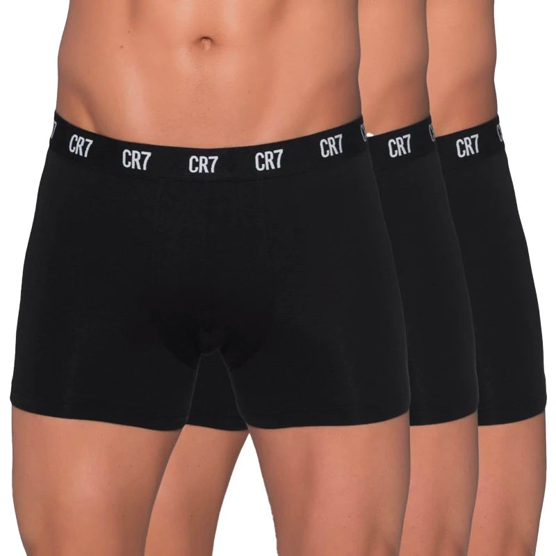 Set of three black CR7 men's boxer briefs with elastic waistband for comfort and support