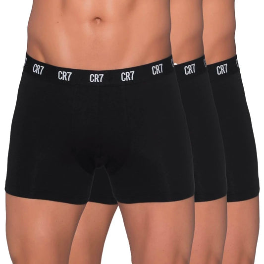 Set of three black CR7 men's boxer briefs with elastic waistband for comfort and support