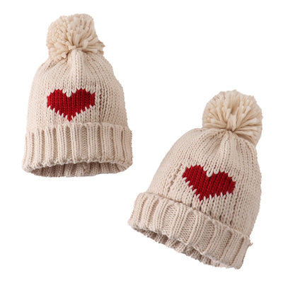 Adorable Cream Heart Knit Beanie Pom Pom Hat For Stylish Babies And Toddlers - LuckeLadybug LLC