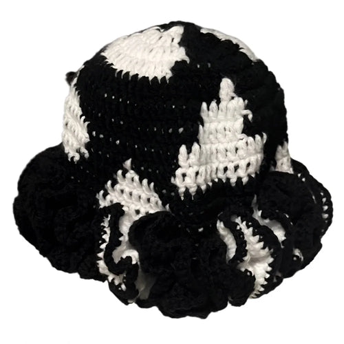 Handmade black and white crochet hat with ruffle, perfect for stylish accessories