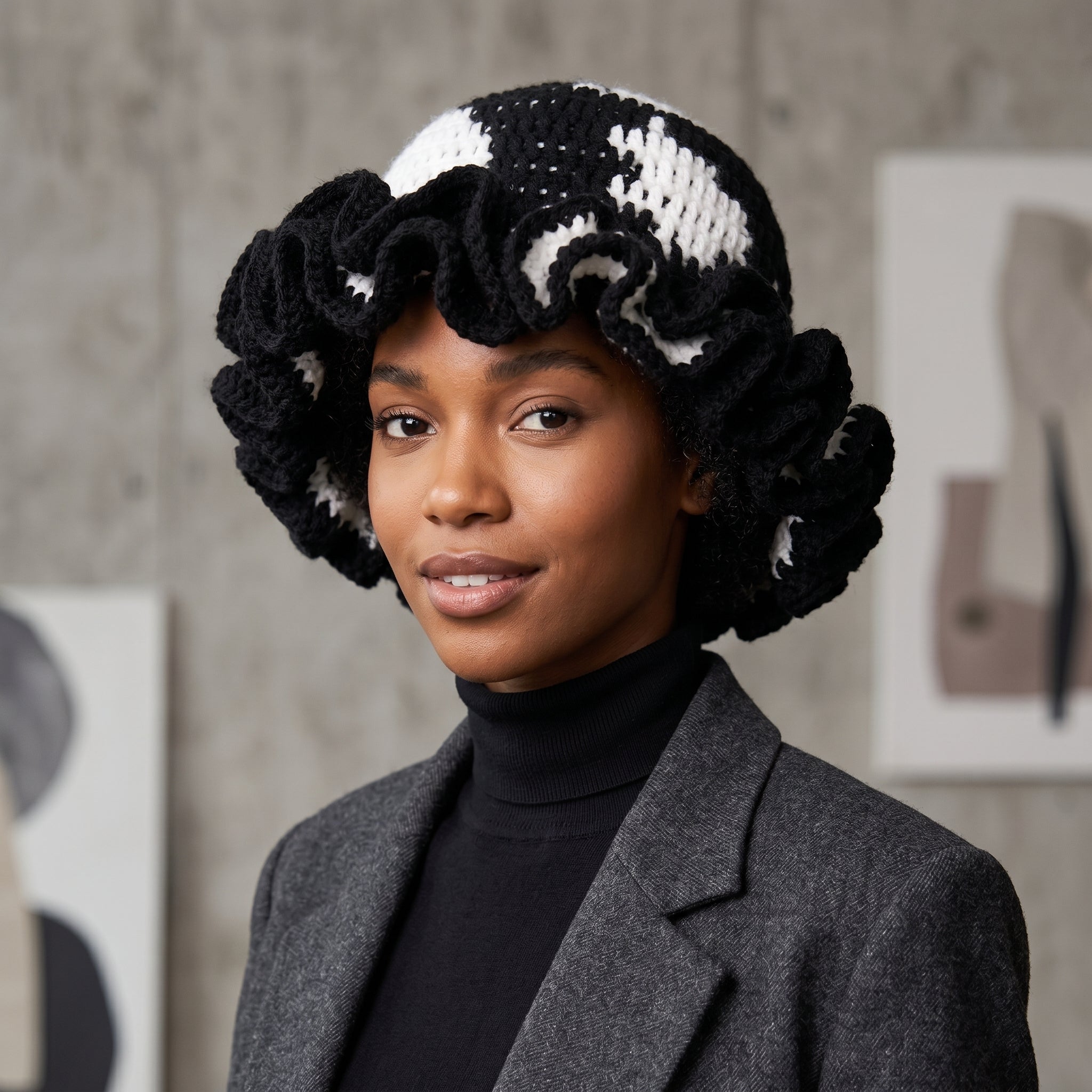 Stylish black and white crochet hat with ruffle for trendy fashion statements