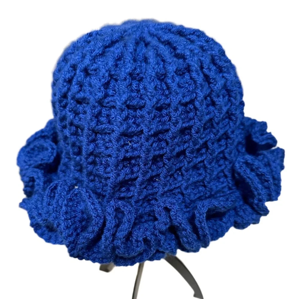 Blue crochet hat with ruffle featuring a textured design for a stylish look