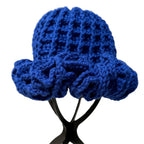 Vibrant blue crochet hat with ruffle detailing for a stylish and playful look