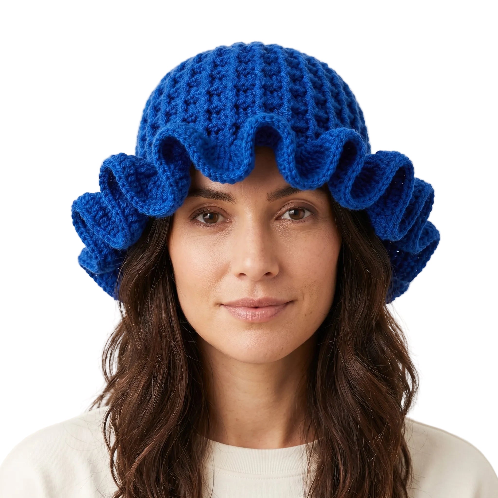 Blue crochet hat with ruffle designed by ThreadsByHannah, featuring a stylish wavy brim.