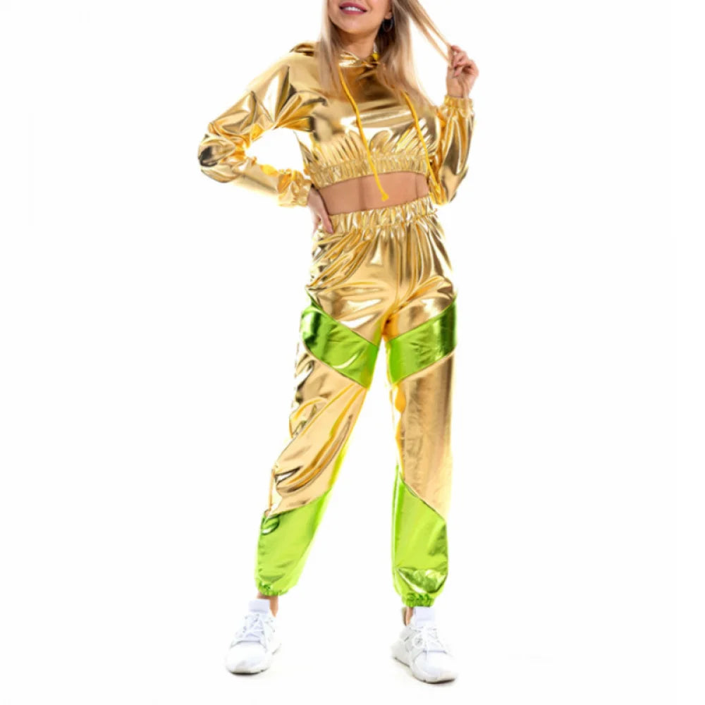 Shiny Gold Crop Top with Pants Set
