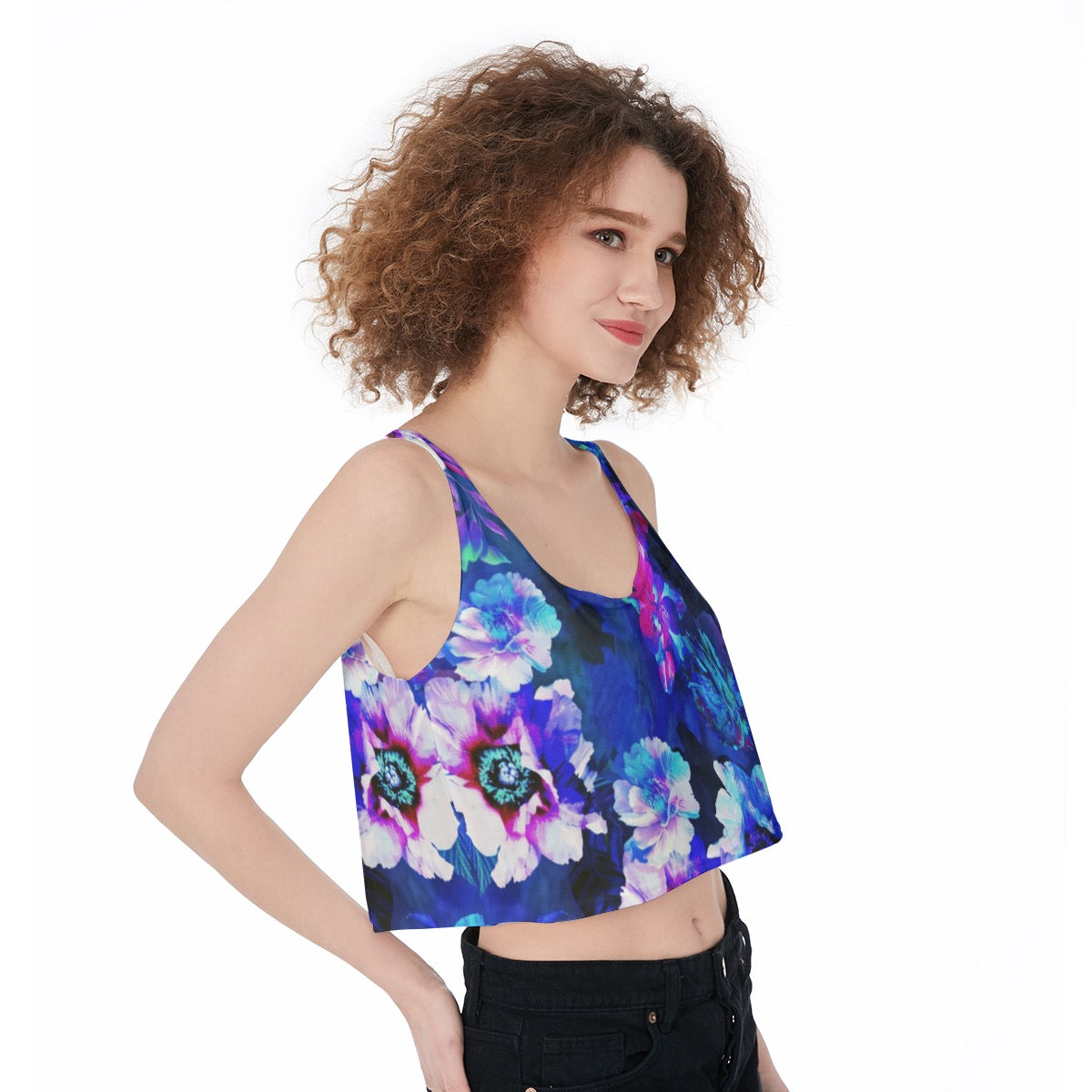 LuckeLadybug Floral Print Crop Top Women's in Blue and Purple for Summer Fashion