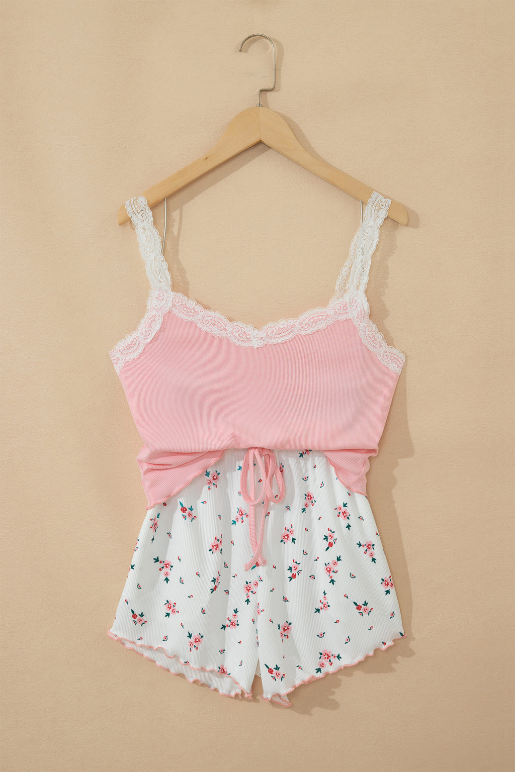 LuckeLadybug LLC Women's Floral Shorts with a Pink Cropped Top and Lace Straps for a Stylish Look