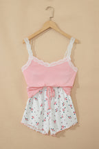 LuckeLadybug LLC Women's Floral Shorts with a Pink Cropped Top and Lace Straps for a Stylish Look