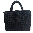 Black woven ThreadsByHannah crossbody women's handbag with a structured design and top handles