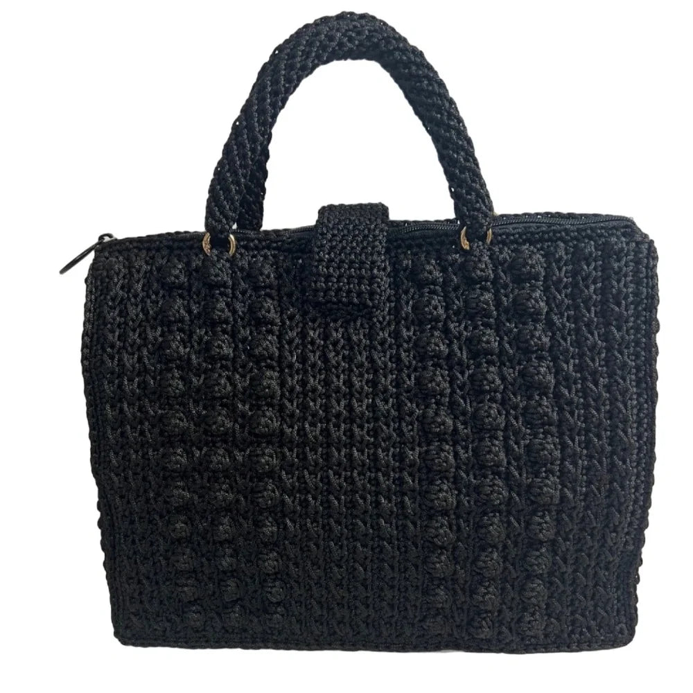 Black woven ThreadsByHannah crossbody women's handbag with a structured design and top handles