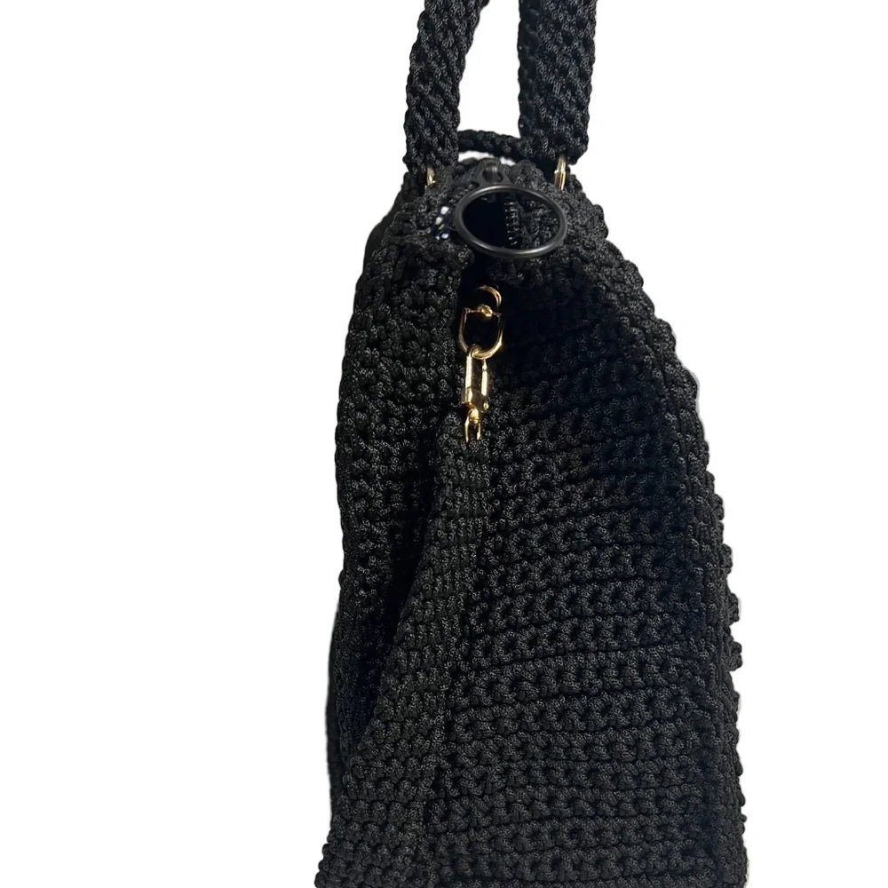 Black crochet crossbody women's handbag with stylish design and sturdy handles